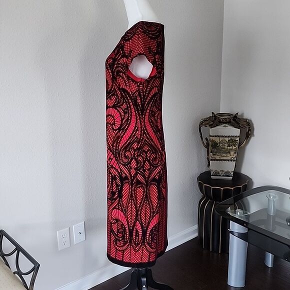 Worthington Midi Dress Red/ Black Velvet Lace Print - Picture 12 of 16